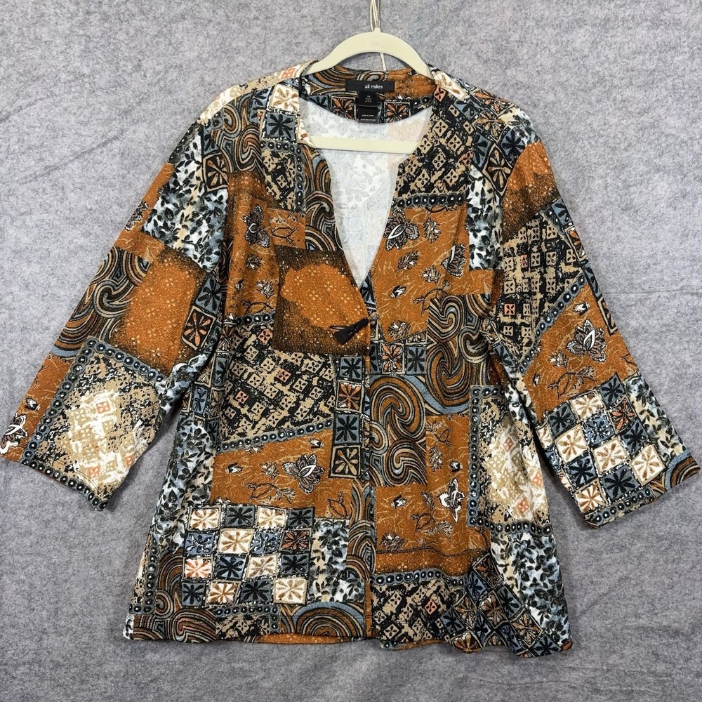 Ali Miles Cardigan Top Womens 1X Multicolor Patchwork Open Lightweight